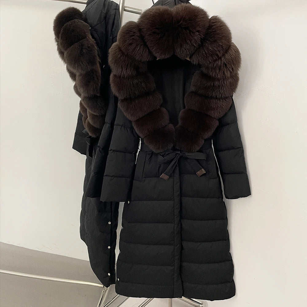 OFTBUY Large Real Fox Fur Collar X-Long Puffer Jacket Women Hooded Winter White Duck Down Coat Thick Female Parkas With Belt