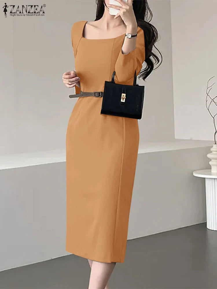 Elegant Autumn Office Lady Dresses 2025 ZANZEA Women Square Neck Long Sleeve Party Work Dress Midi Vestidos Solid Slim Fit Robe
