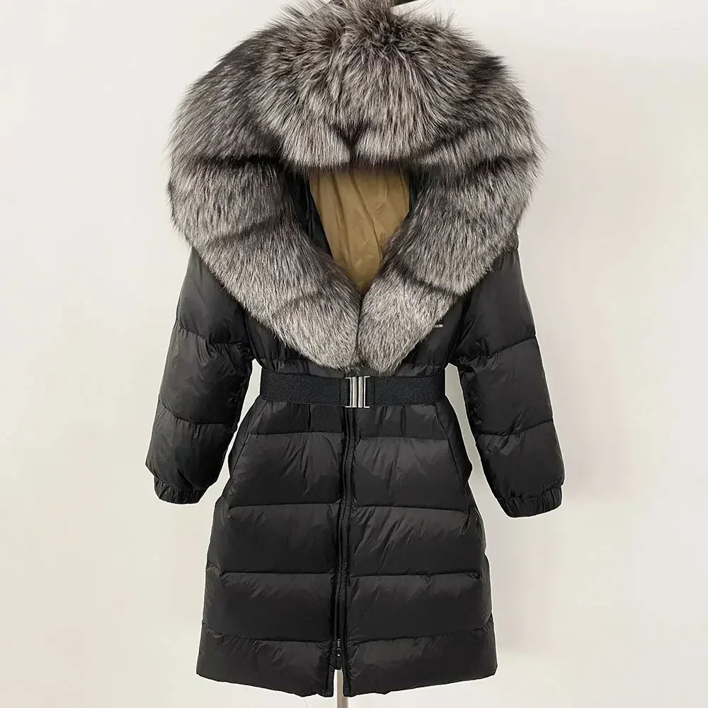 90% White Duck Down Coat New Natural Thick Warm Long Winter Jacket Women Real Big Fox Fur Collar Belt Loose Puffer Parka