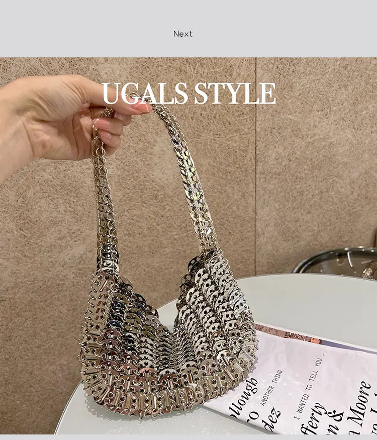 Bling Shiny Metal Sequined Dumpling Bag Woven Handmade Women Handbag Fashion Evening Bag Wedding Party Clutch Purse Shoulder Bag