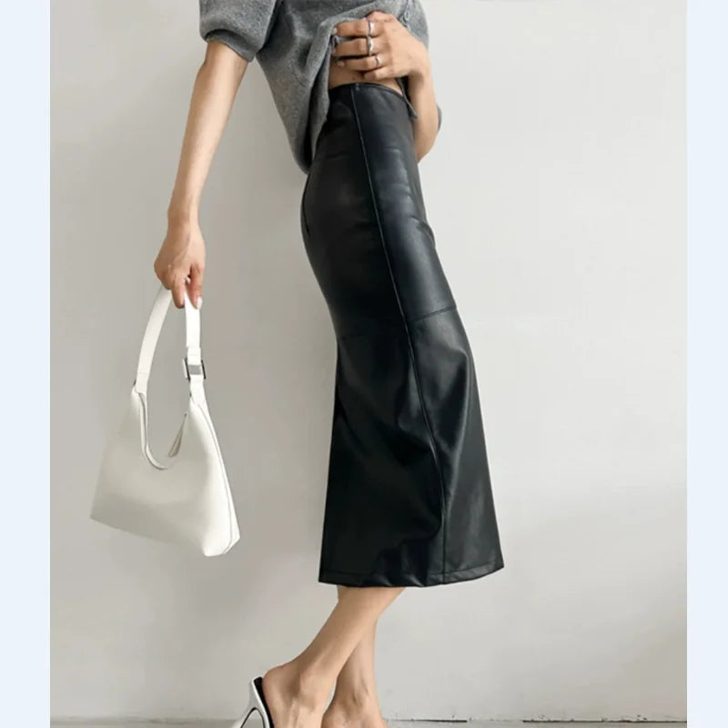 New Fashion Pu Leather Skirt Women Fashion Autumn High Waist Slim Split Wrapped Hip Pencil Skirts Elegant Office Lady Jupe