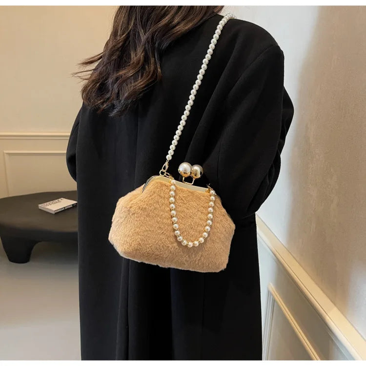 High-end Beaded Fashion Women's Bag Autumn Personality Trendy Evening Bag Plush Handbag Shoulder Crossbody Bag