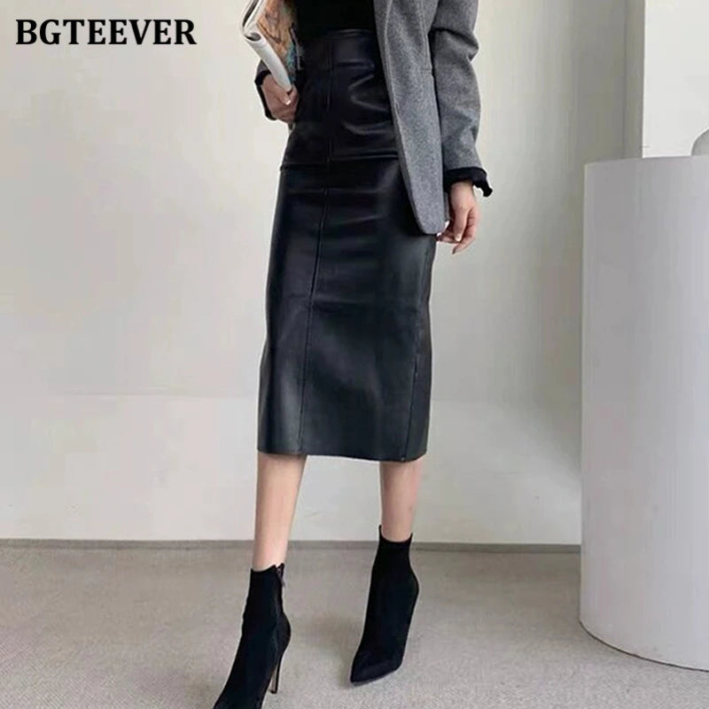 BGTEEVER Stylish Package Hip PU Leather Skirts for Women Autumn Elegant High Waist Slim Split Ladies Pencil Skirts