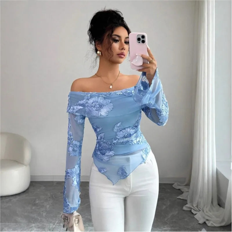 Versatile And Stylish Top For Women T Shirt One-shoulder Collar Flared Sleeves And Asymmetrical Hem Embroidery