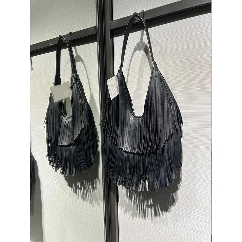 Tassel Large Capacity Brand Tote Bag Black Leather High Quality Luxury Fashion Women Shoulder Bag Soft Casual Hobos Armpit Bag