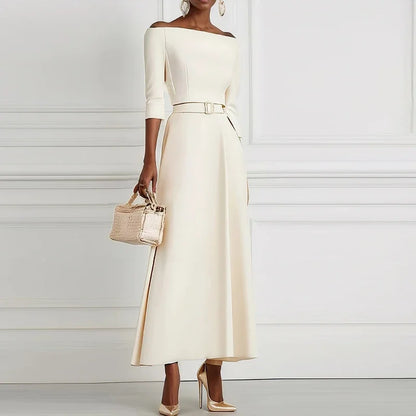 Elegant Party Dresses For Women One Shoulder Half Sleeve High Waisted A-Line Long Dress Women Offfice Dress White