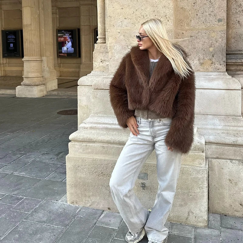 Street Faux Fur Women Coat Urban Full Sleeve Lapel Panelled Pocket Female Outwear 2025 Autumn Winter Elegant Lady Outwear