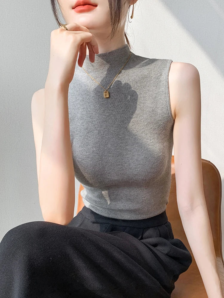 Sexy Summer Turtleneck Tank Tops Women Ribbed Sleeveless Solid Slim Top Female Sleveless Camisole Vest Casual Knitted Camis 2025