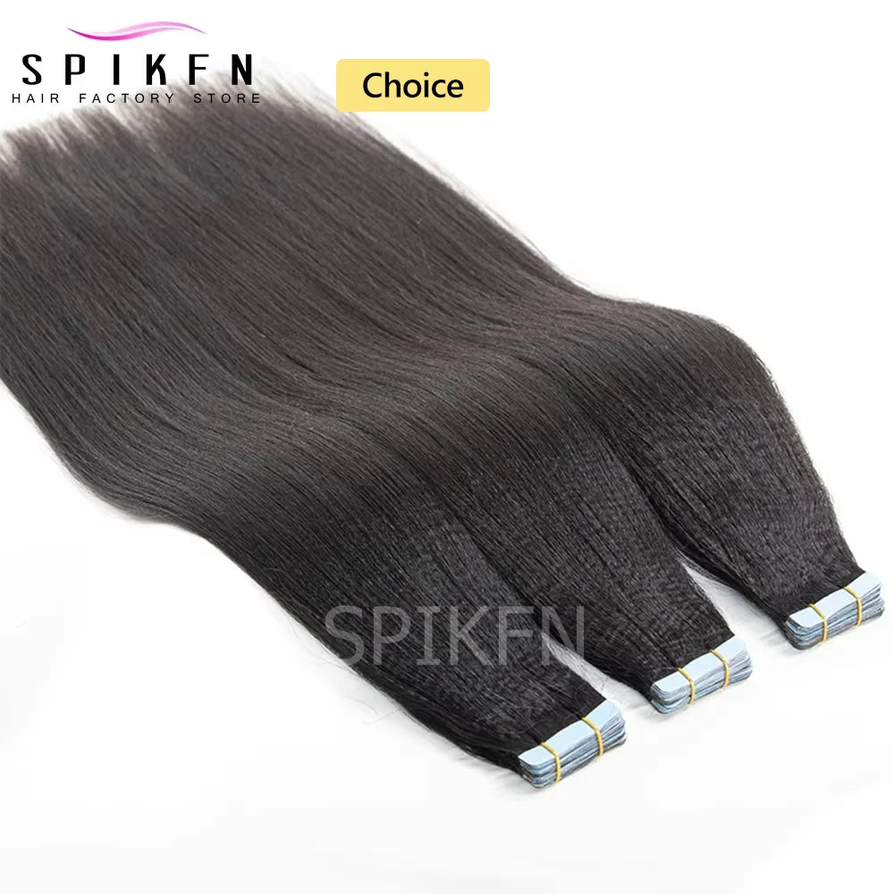 SPIKFN Light Yaki Tape In Human Hair Extensions 12-26 inches Natural Black PU Skin Weft Tape Extension 20pcs 1B Salon Quality
