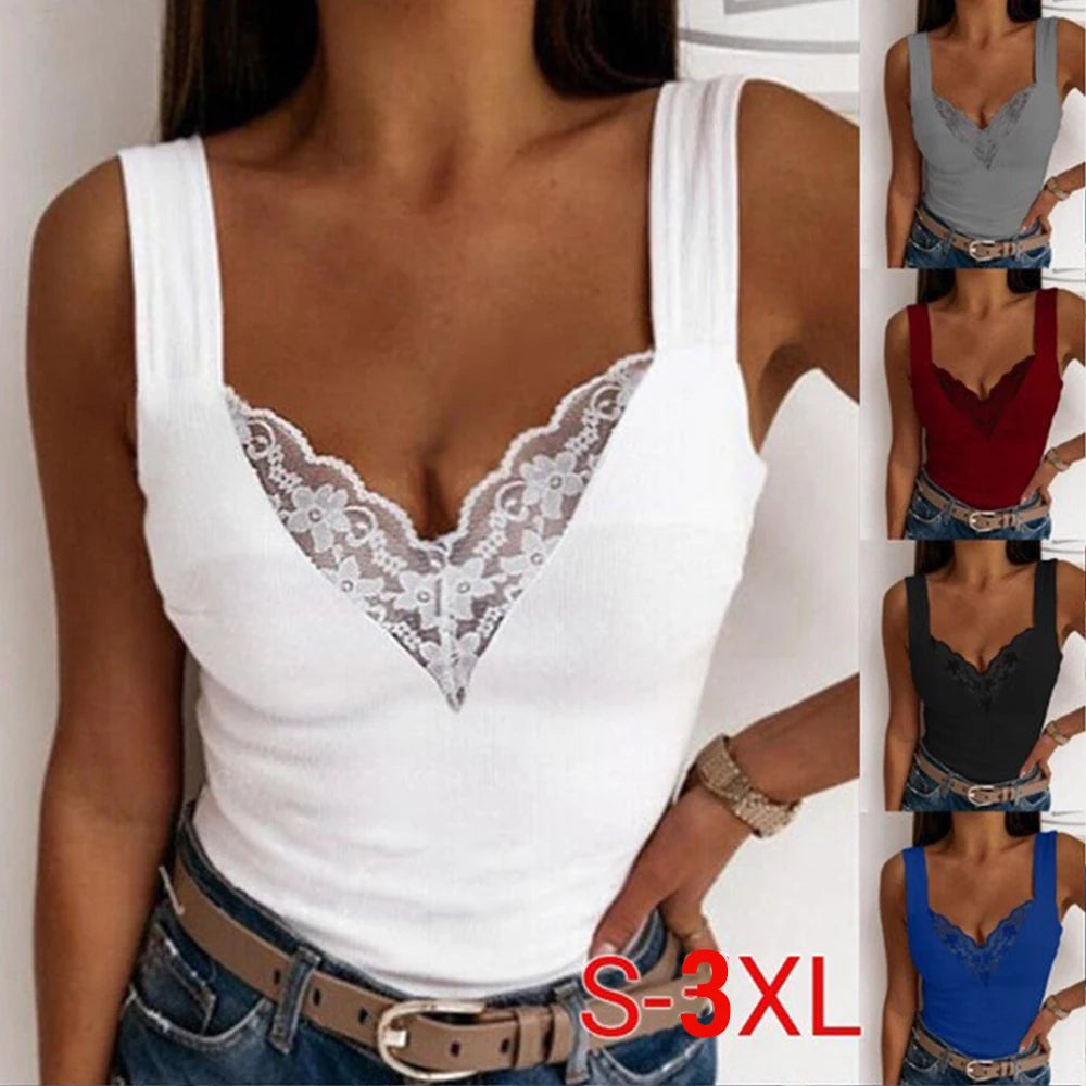 Sexy Lace Tank Tops Women V-Neck Top T-Shirt For Women Casual Hollow Out Basic Camisole Female Perspective Tanks Sleeveless