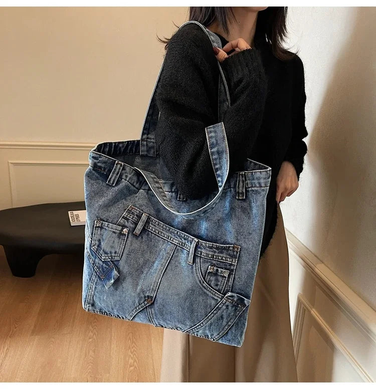 2025 Spring New Hot Sale Denim Tote Bags Solid Large Capacity Personality Retro Durable Commute Style Shoulder Bags for Women