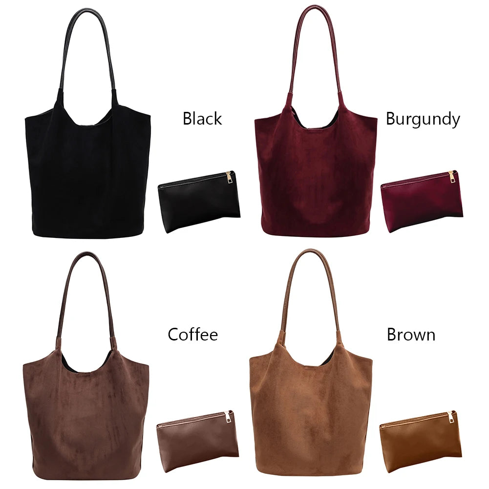 2pcs/set  Women Tote Bags Work Bags Suede Slouchy Bag Hobo Handbag Tote Handbag Suede Shoulder Bag Solid Color Commuting Bag