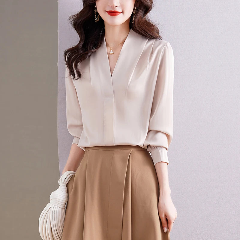 Fashion Woman Blouse 2023 Elegant and Youth Woman Blouses V-neck Silk Women's Autumn Clothing Vintage Shirt Solid OL Womens Tops