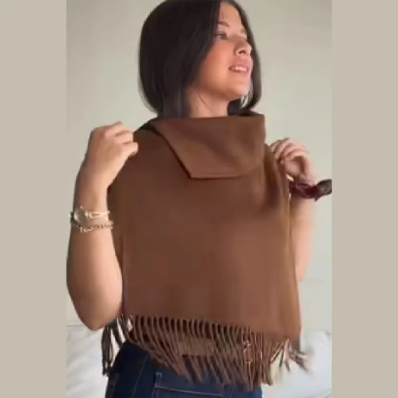 Solid Tassel Shawl for Women High Neck Sleeveless Soft Cape Top Irregular Hem Losse Cloak Jacket 2025 New Autumn Lady Shawls