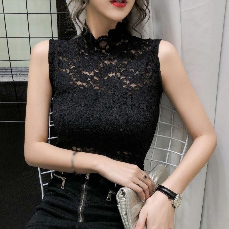 Women Lace Tunic for Tank Bottoming Tops Sleeveless High Turtleneck Fitted for Tank Top Sleeveless Mock Dropship