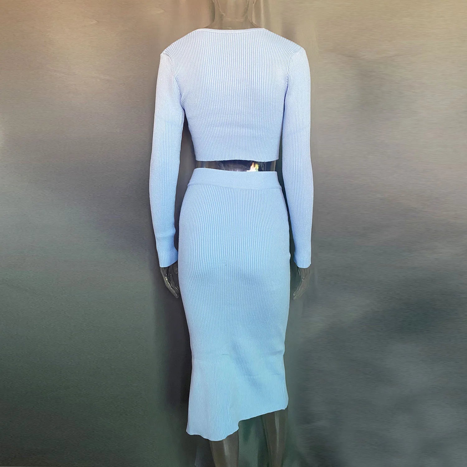 Talenza Knitted Slim Fit Slit Skirt Set 2 Piece Women's Solid Color Pullover Top Long Skirt Set Long Sleeve Women's Suit Skirt