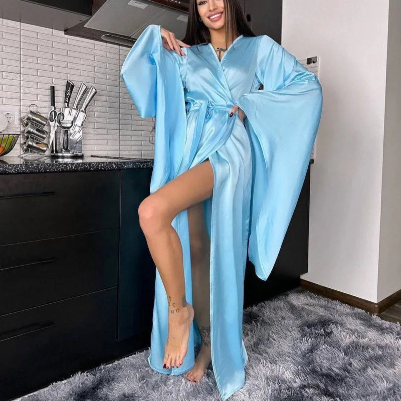 Fashion Wedding Long Robe Dress Women's Homewear Silky Satin Big Sleeve Kimono Gown Bathrobe Loungewear Loose Casual Nightgown