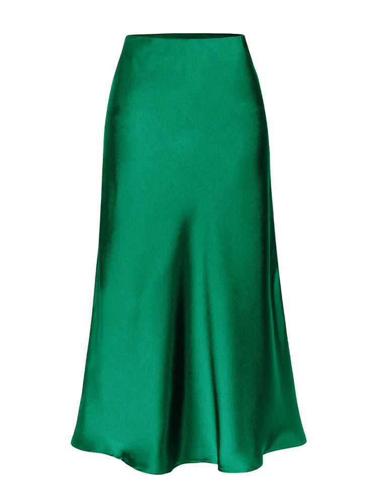 Green Satin Midi Skirts For Women Summer Elastic High Waist A Line Slit Skirt Midi Satin Silk Women Skirt With Slit Summer 2024