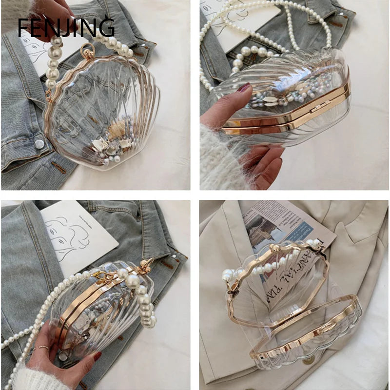 Evening Bags for Women 2023 New Transparent Shell Bag Clutch Box Handbags Pearl Chain Crossbody Bag Acrylic Purse Shoulder Bag