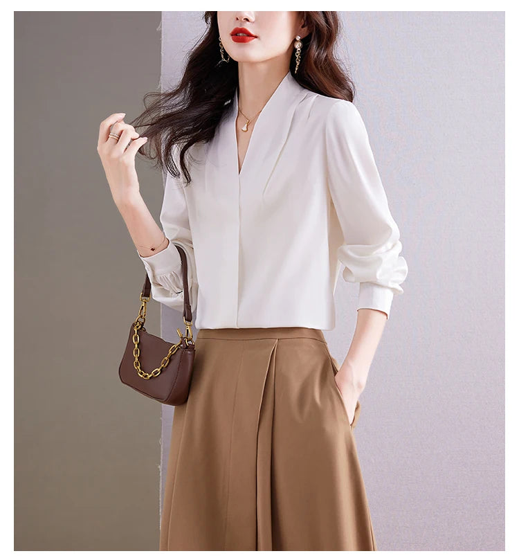 Fashion Woman Blouse 2023 Elegant and Youth Woman Blouses V-neck Silk Women's Autumn Clothing Vintage Shirt Solid OL Womens Tops