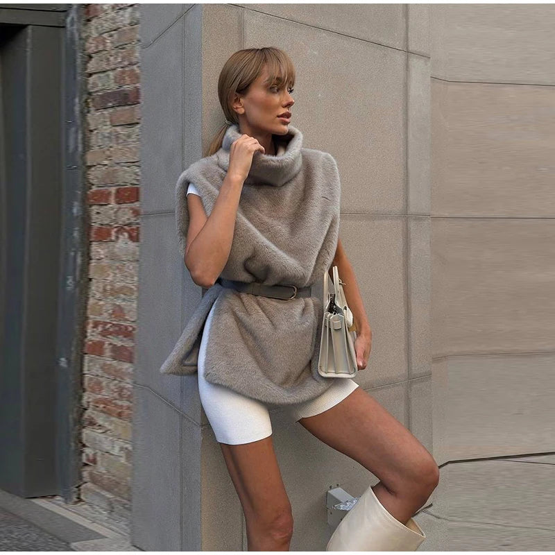 Vintage Brown Women's Faux Fur Vest Solid High Collar Sleeveless Thicken Female Waistcoat 2025 Autumn Winter New Lady Streetwear