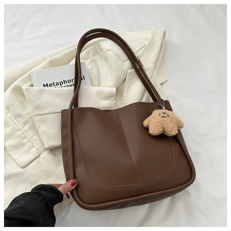 Women's Retro Tote - High-Quality Solid Color, Minimalist Large-Capacity Commuter Handheld/Single-Shoulder