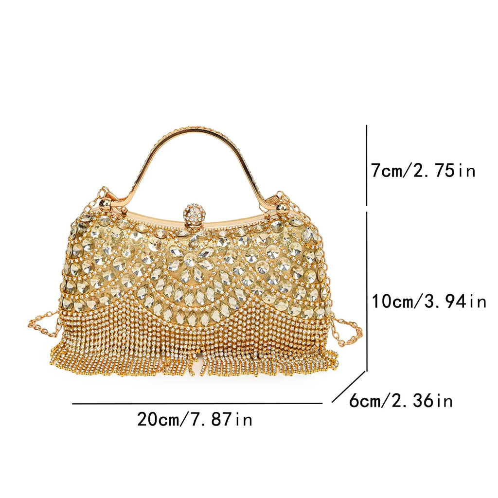 Gold Evening Clutch Bag For Women Luxury Diamond Party Purse Handbag Fashion Tassel Shoulder Crossbody Box Lipstick Bag Designer