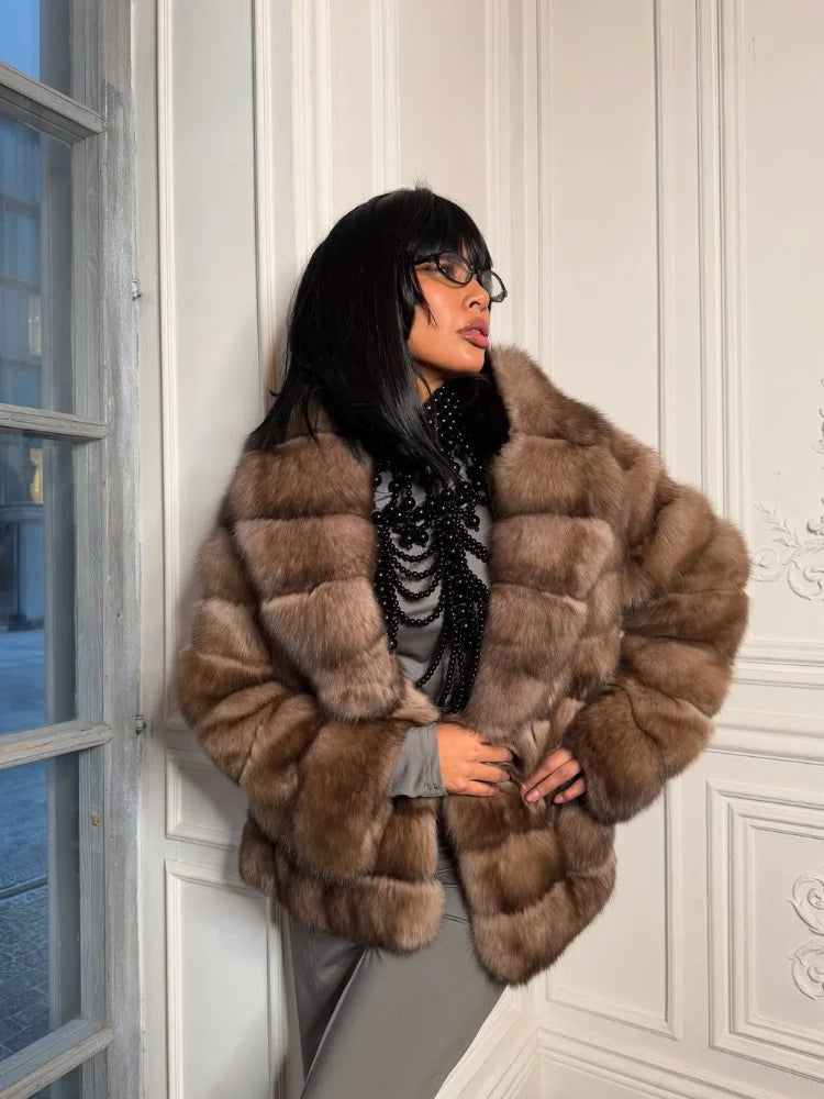 Solid Patchwork Faux Fur Coat Women Full Sleeve Lapel Loose Long Staple Plush Jacket Lady 2025 New Winter Fashion Street Outwear