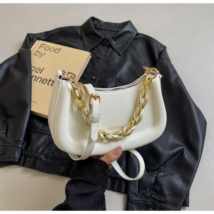 Fashion Chain Handbags Women's Crossbody Bags, Solid PU Leather Shoulder Bag For Daily Used