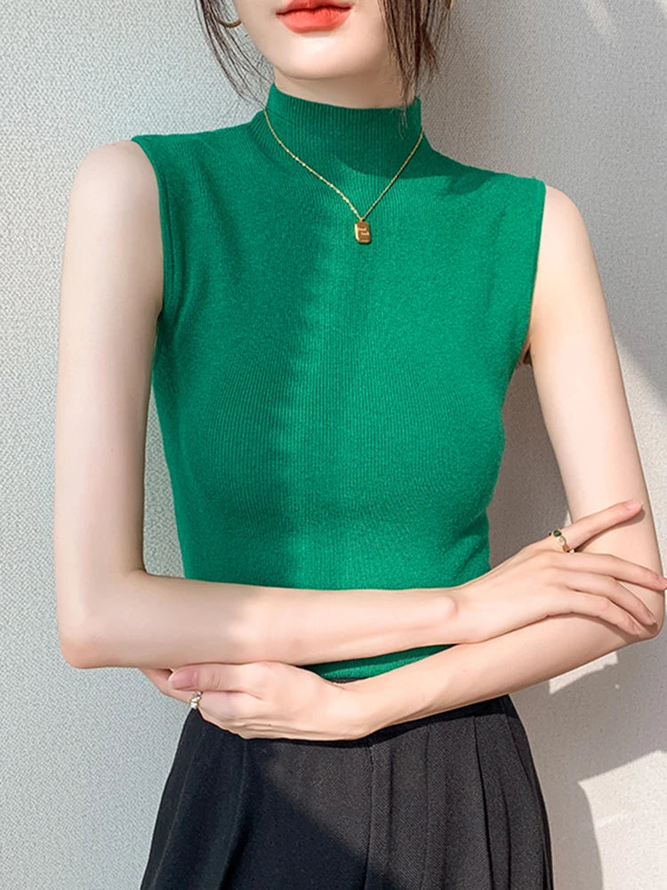 Sexy Summer Turtleneck Tank Tops Women Ribbed Sleeveless Solid Slim Top Female Sleveless Camisole Vest Casual Knitted Camis 2025