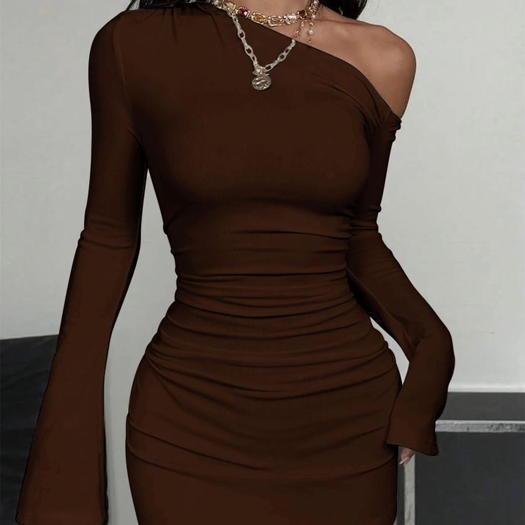 Inclined-Sleeve Ruched Mini Dress