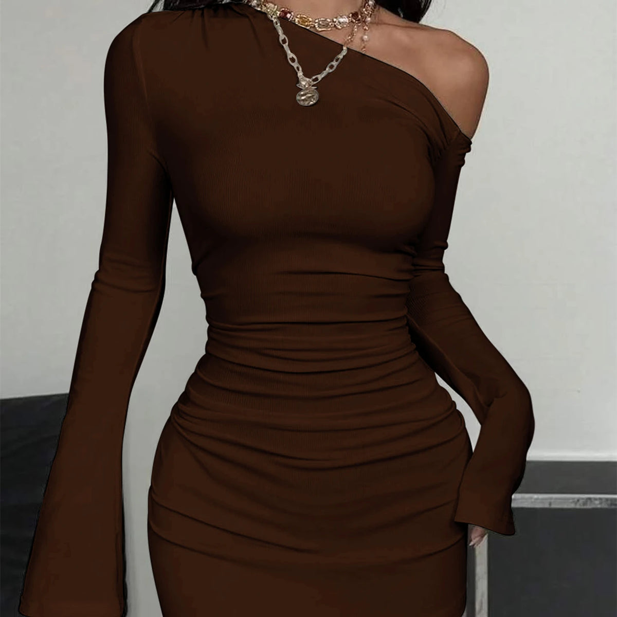 Inclined-Sleeve Ruched Mini Dress