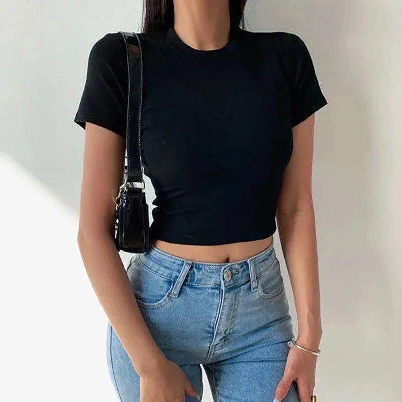 Short Sleeve T-Shirt Women Solid Simple Casual Soft All-Match Basic Crop Tops Tees Summer Fashion Skinny Tops Black White