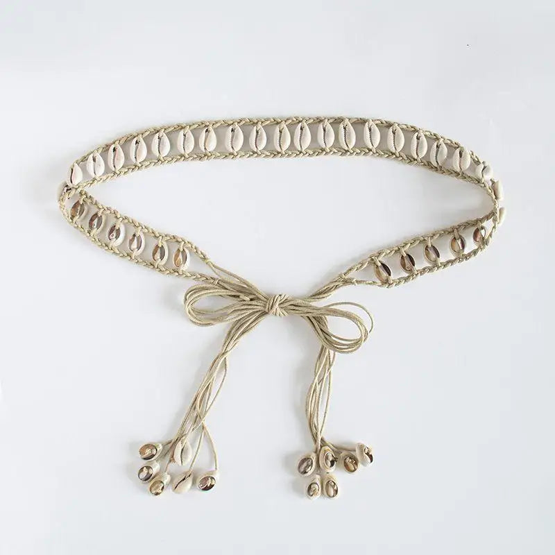 Belts For Women Knot Waistband Summer Boho Shell Bead Dress Jeans Belt Female Beach Accessory Beige Wax Cord