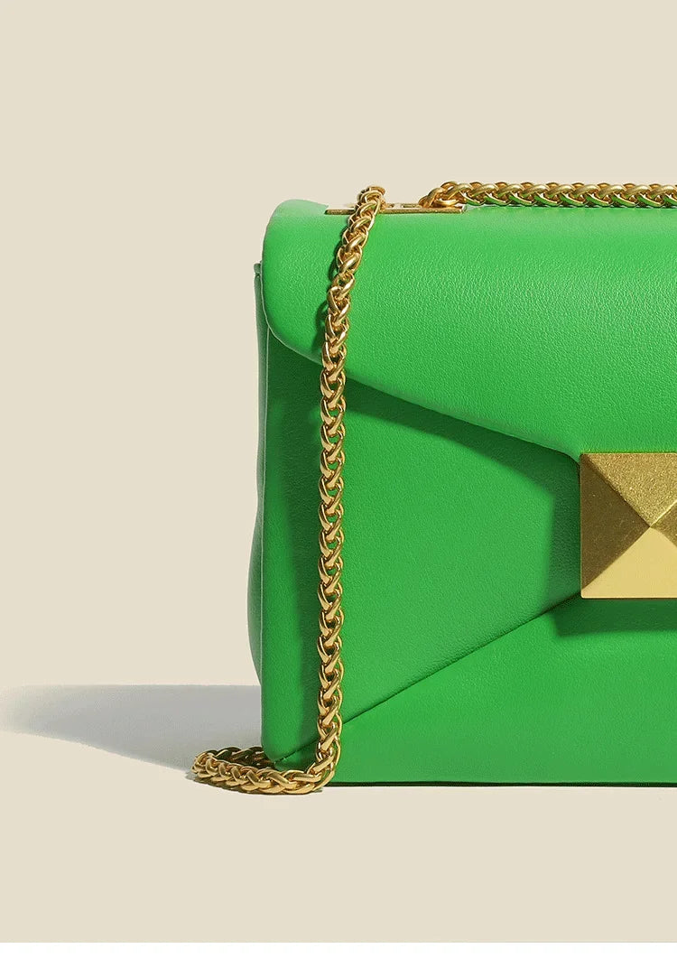 Early Spring Korean Style Cropped Studded Niche Chain Bag 2024 New Trendy Versatile Handbag Genuine Leather Small Square Bag