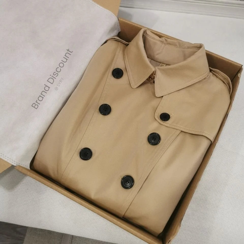 Women's Classic Lapel Mid Length Trench Coat Stylish Double-Breasted Overcoat Slim Dress Jacket with Belt Windproof