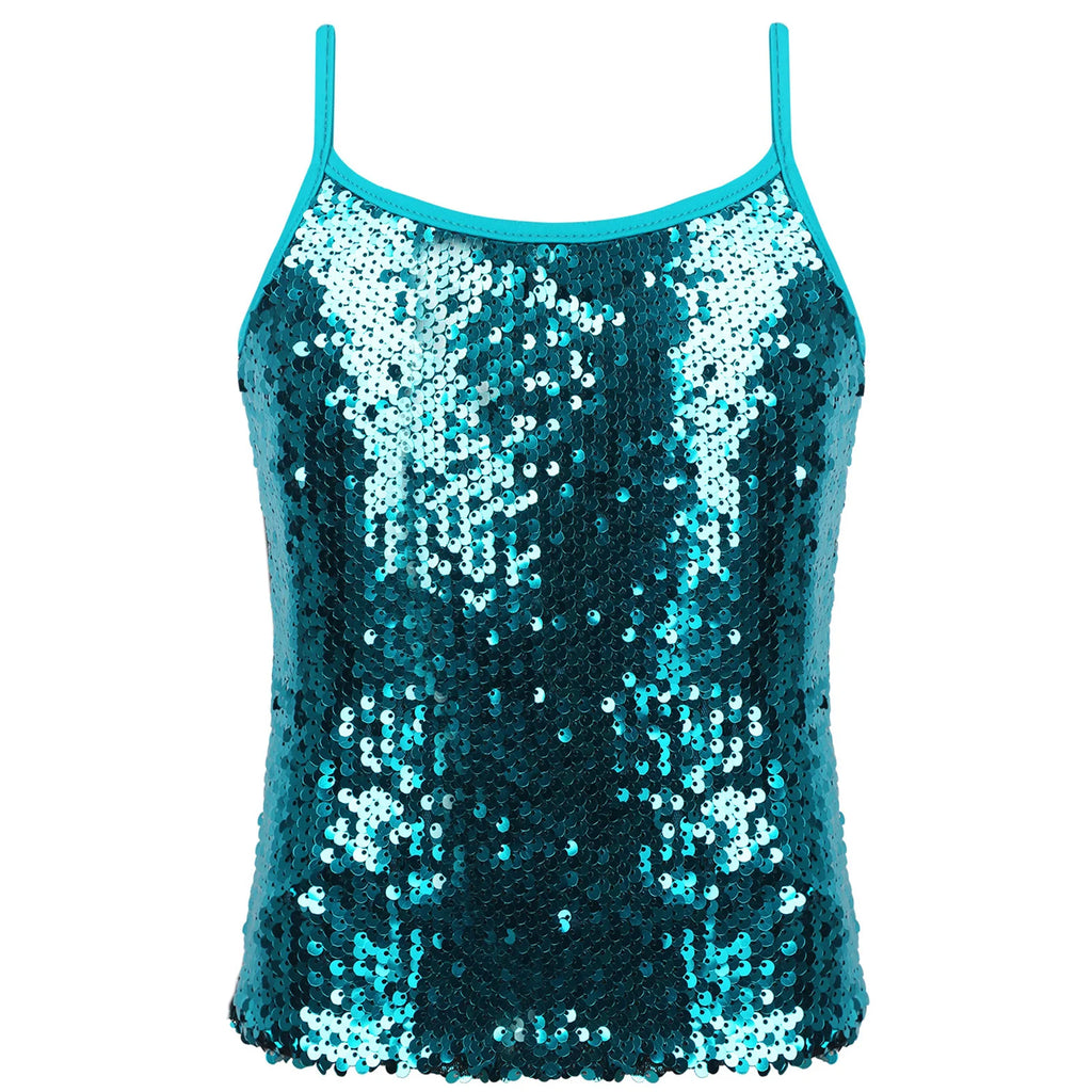 Womens Adjustable Spaghetti Straps Sparkly Sequin Tops Slim Fit Patchwork Tank Top for Pole Dancing Disco Night Out Costume