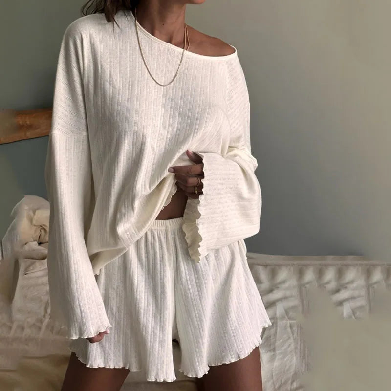 2025 Women's Solid Pajamas Set Autumn Long Sleeve Top And Shorts Sleepwear 2 Piece Set For Female Casual Loose Breathe Homewear