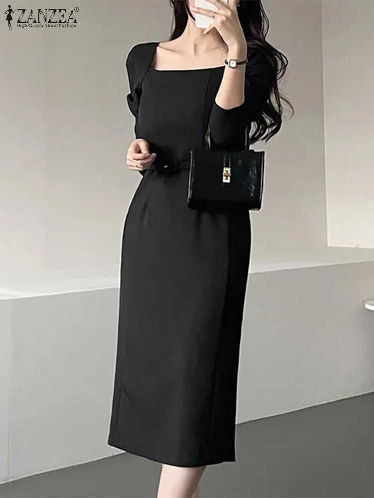 Elegant Autumn Office Lady Dresses 2025 ZANZEA Women Square Neck Long Sleeve Party Work Dress Midi Vestidos Solid Slim Fit Robe