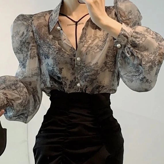 2023 Blusas Mujer De Moda Floral Sweet Blouses for Women Loose Puff Sleeve Turn Down Collar Shirts Summer Vintage Elegant Tops