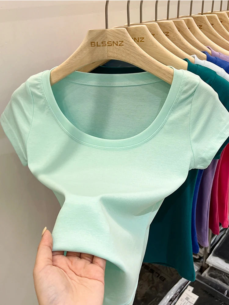 2025 Sexy Square Collar Slim T Shirt Women Cotton Elastic Basic Solid Female Casual Tops Short Sleeve Thin T-shirts See Through