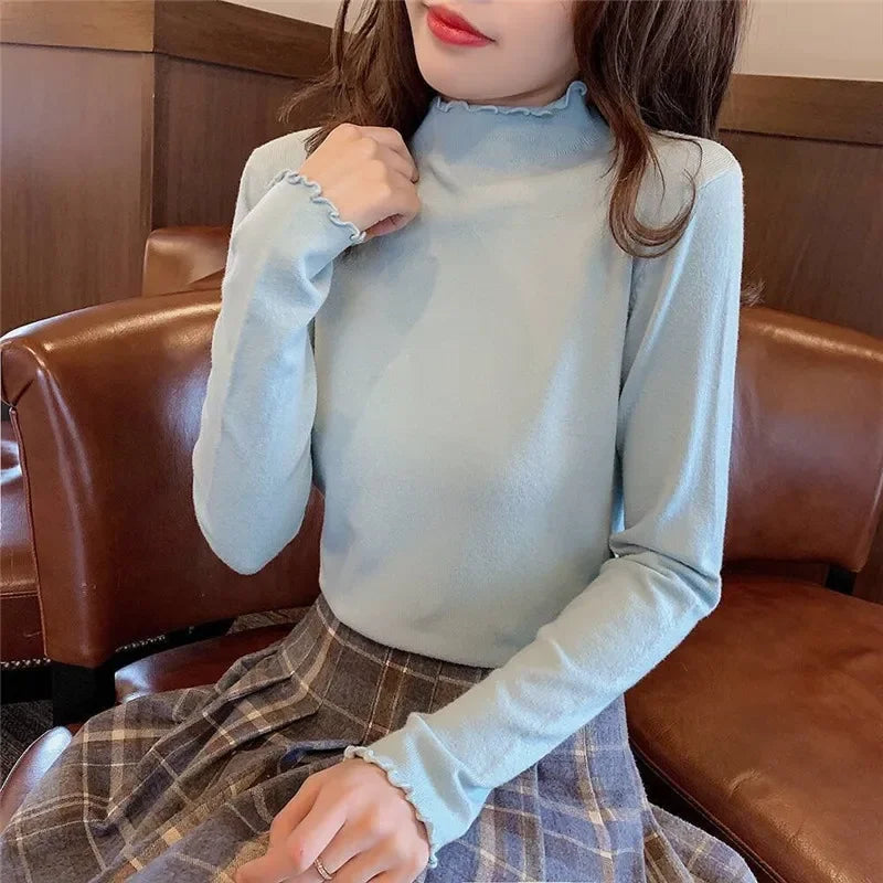 2025 Autumn and Winter Women Blouse Long Sleeve Solid Slim Turtleneck Fleece Versatile Tops Tees Female