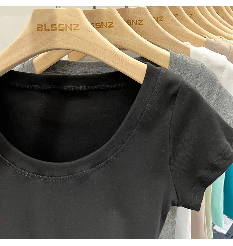 2025 Sexy Square Collar Slim T Shirt Women Cotton Elastic Basic Solid Female Casual Tops Short Sleeve Thin T-shirts See Through