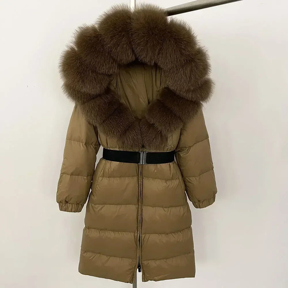 90% White Duck Down Coat New Natural Thick Warm Long Winter Jacket Women Real Big Fox Fur Collar Belt Loose Puffer Parka
