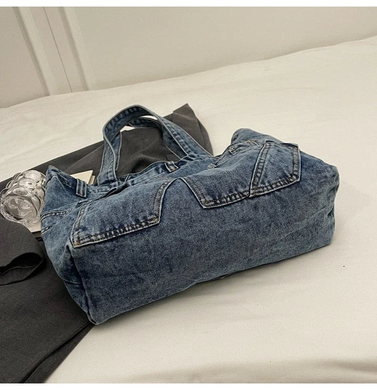 2025 Spring New Hot Sale Denim Tote Bags Solid Large Capacity Personality Retro Durable Commute Style Shoulder Bags for Women