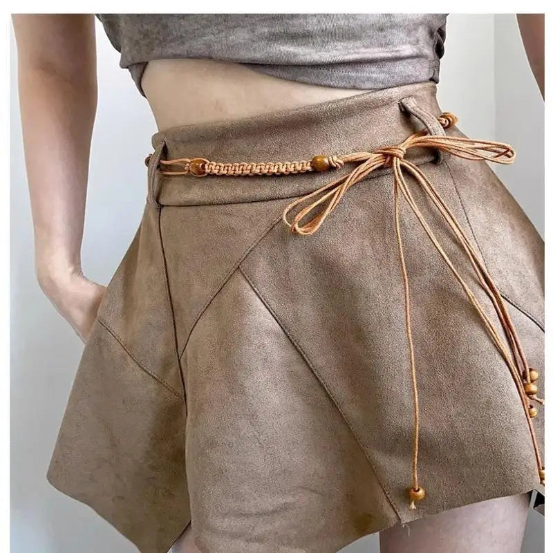 Belts For Women Knot Waistband Summer Boho Shell Bead Dress Jeans Belt Female Beach Accessory Beige Wax Cord