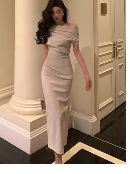 Elegant Solid Bodycon Evening Party Dresses for Women Fashion Off Shoulder Prom Vestidos Summer Korean Robe Female Clothing