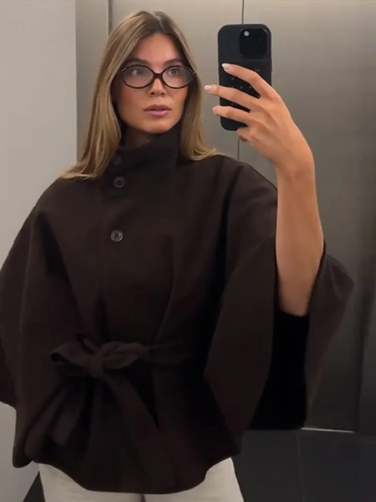 Elegant Lace Up Loose Fit Cape Coat Women's Autumn Winter Oversized High Neck Belted Wrap Jacket Fashion Warm Outerwear Outfit