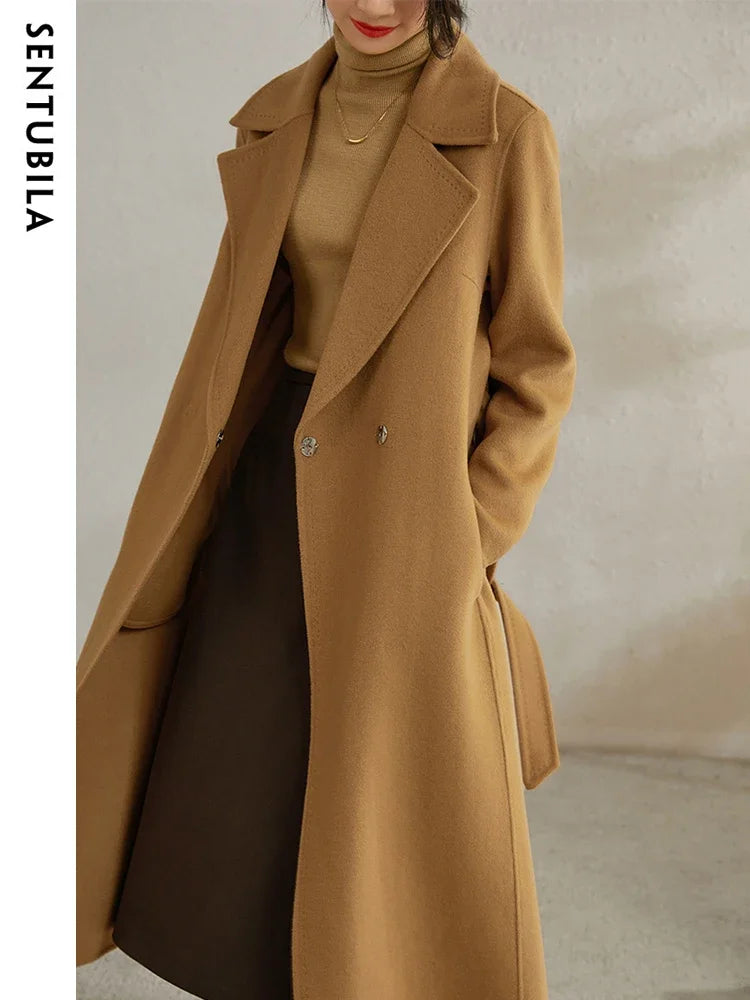 SENTUBILA Women 100% Wool Long Wrap Coat 2025 Elegant Notched Collar Belted Warm Double Faced Woolen Winter Overcoat W24O43352