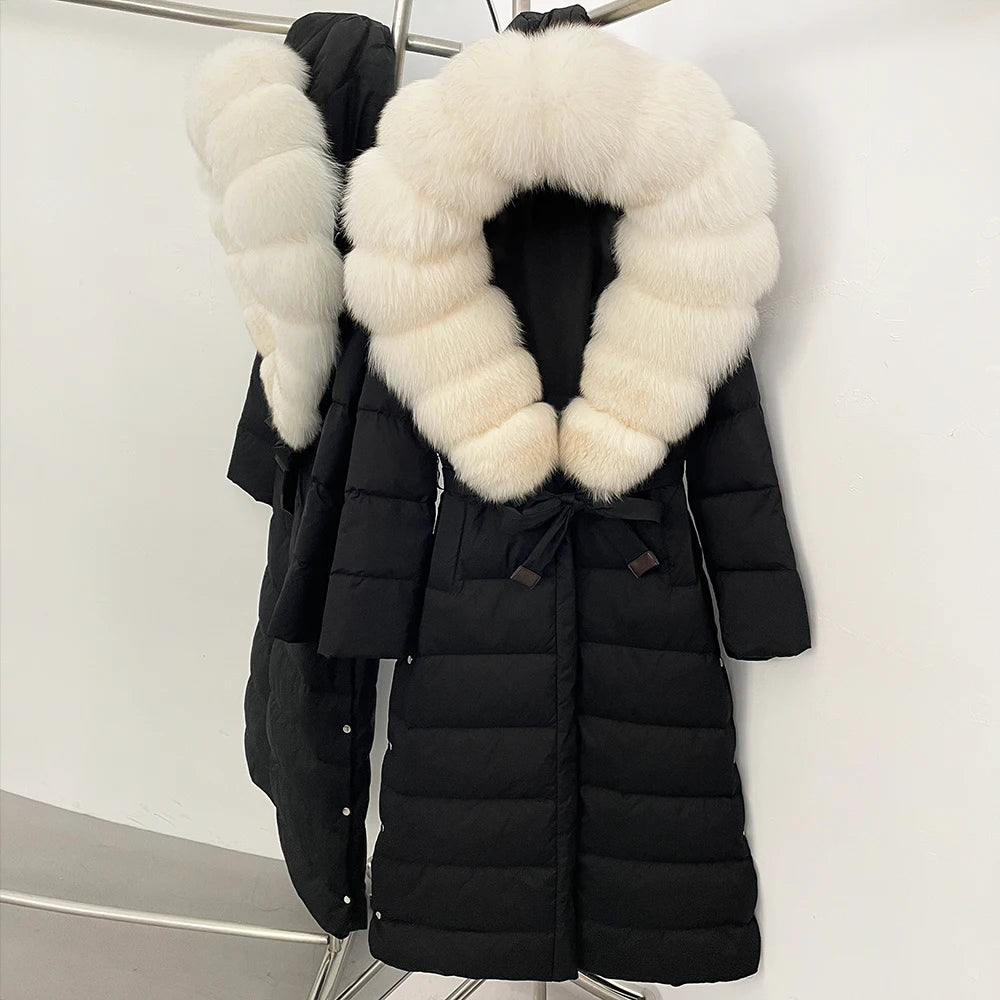 OFTBUY Large Real Fox Fur Collar X-Long Puffer Jacket Women Hooded Winter White Duck Down Coat Thick Female Parkas With Belt